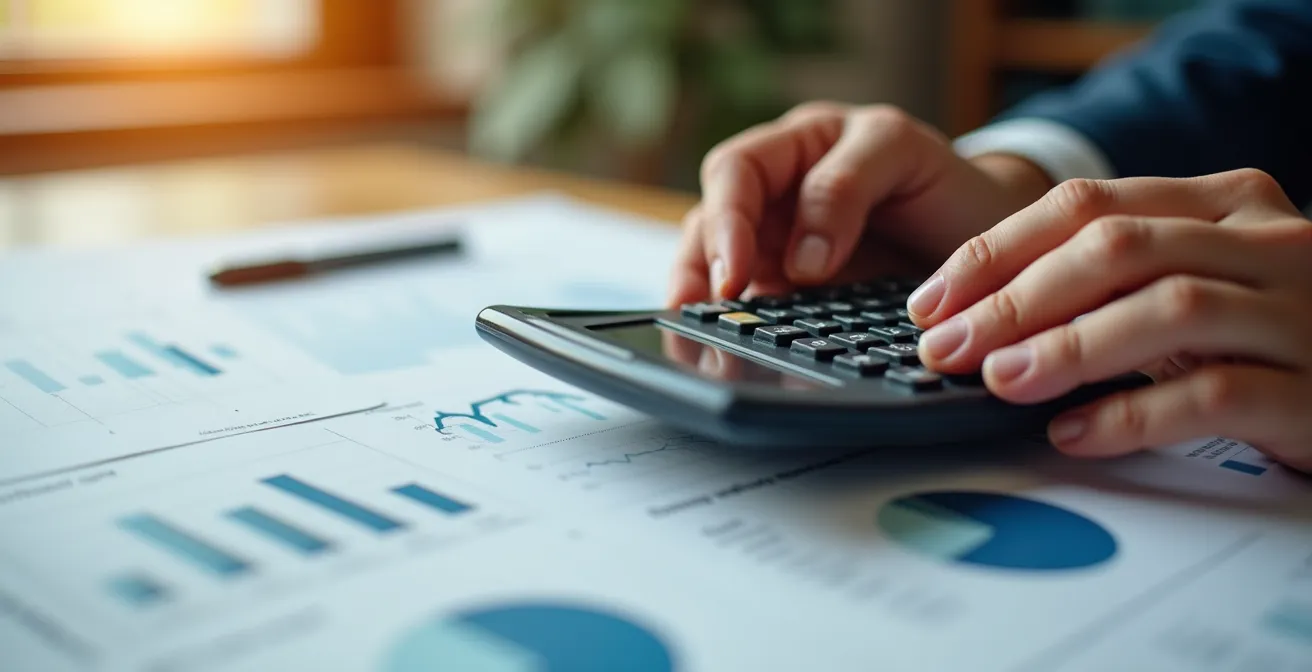 Mains utilisant une calculatrice avec papiers et stylo pour calculer des coûts de parking