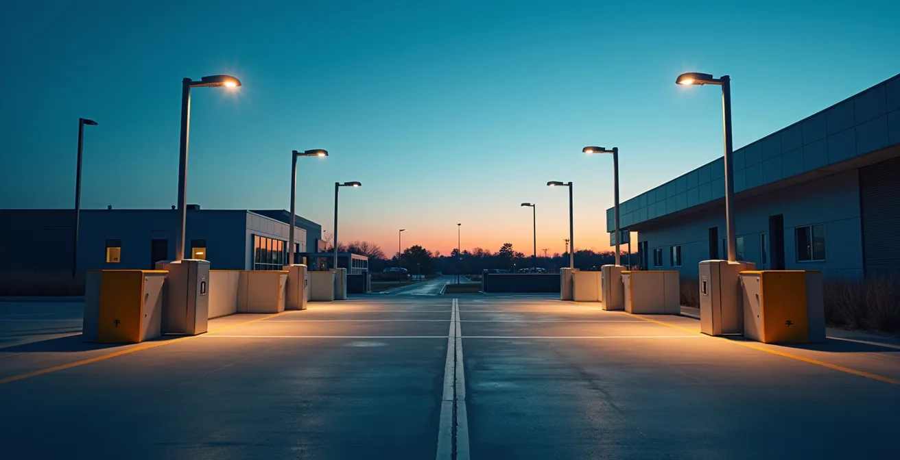 Parking d'aéroport moderne avec barrières automatiques et éclairage de sécurité au crépuscule