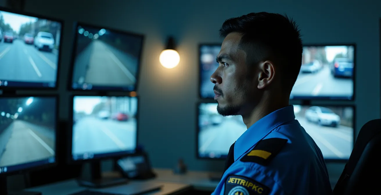 Agent de sécurité inspectant des caméras de surveillance dans un parking d'aéroport la nuit
